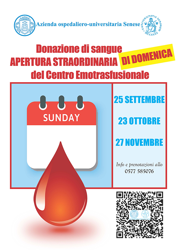 Donazioni di sangue - apertura straodinaria del Centro emotrasfusionale di domenica il 25 settembre, il 23 ottobre e il 27 novembre