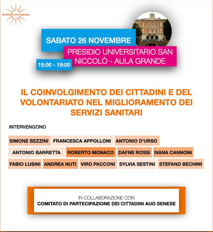 “Agorà della Salute” speciale al Festival della Salute: “Il coinvolgimento dei cittadini e del volontariato nel miglioramento dei servizi sanitari”