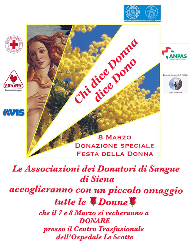 8 marzo: mimose per le donatrici del Centro Emotrasfusionale dell’Aou Senese offerte dalle associazioni di volontariato