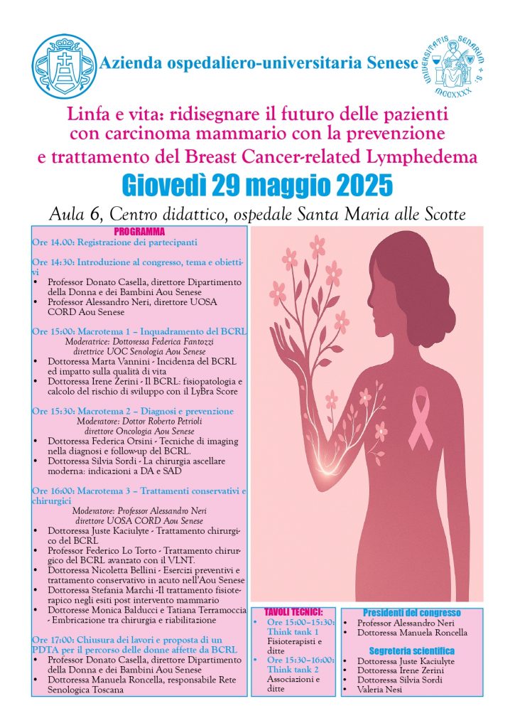 Linfedema correlato al tumore della mammella, se ne parla in un convegno all’Aou Senese il 29 maggio